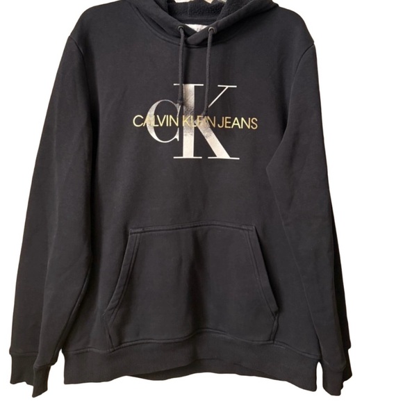 Calvin Klein Jeans Tops - Calvin Klein Jeans Black Hoodie Pullover Sweatshirt Gold Metallic Logo Large
